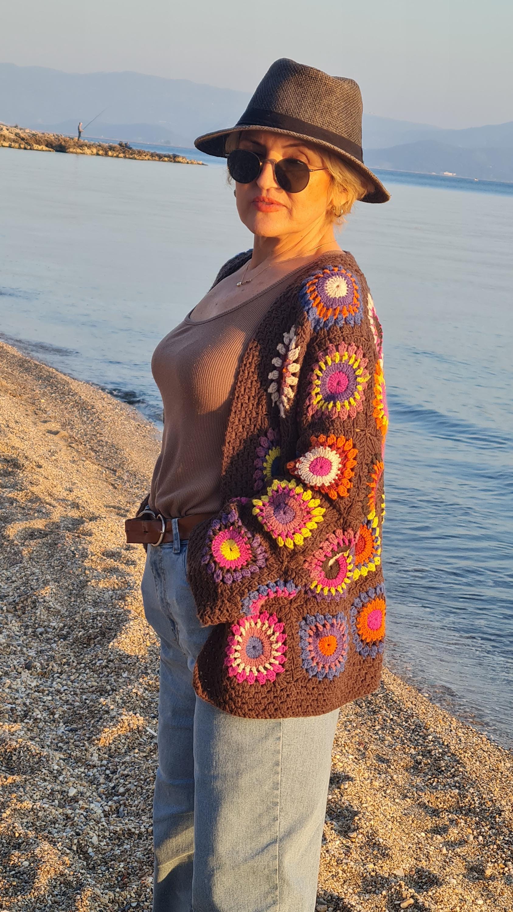 Handmade Granny Square Crochet Cardigan: Brown Merino Wool, Boho Chic