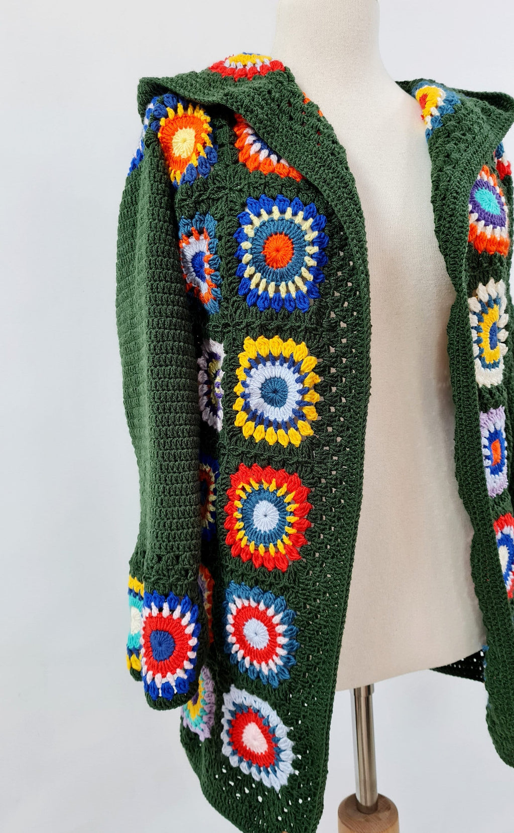 Handmade Crochet Hooded Cardigan: Green Granny Square Sweater