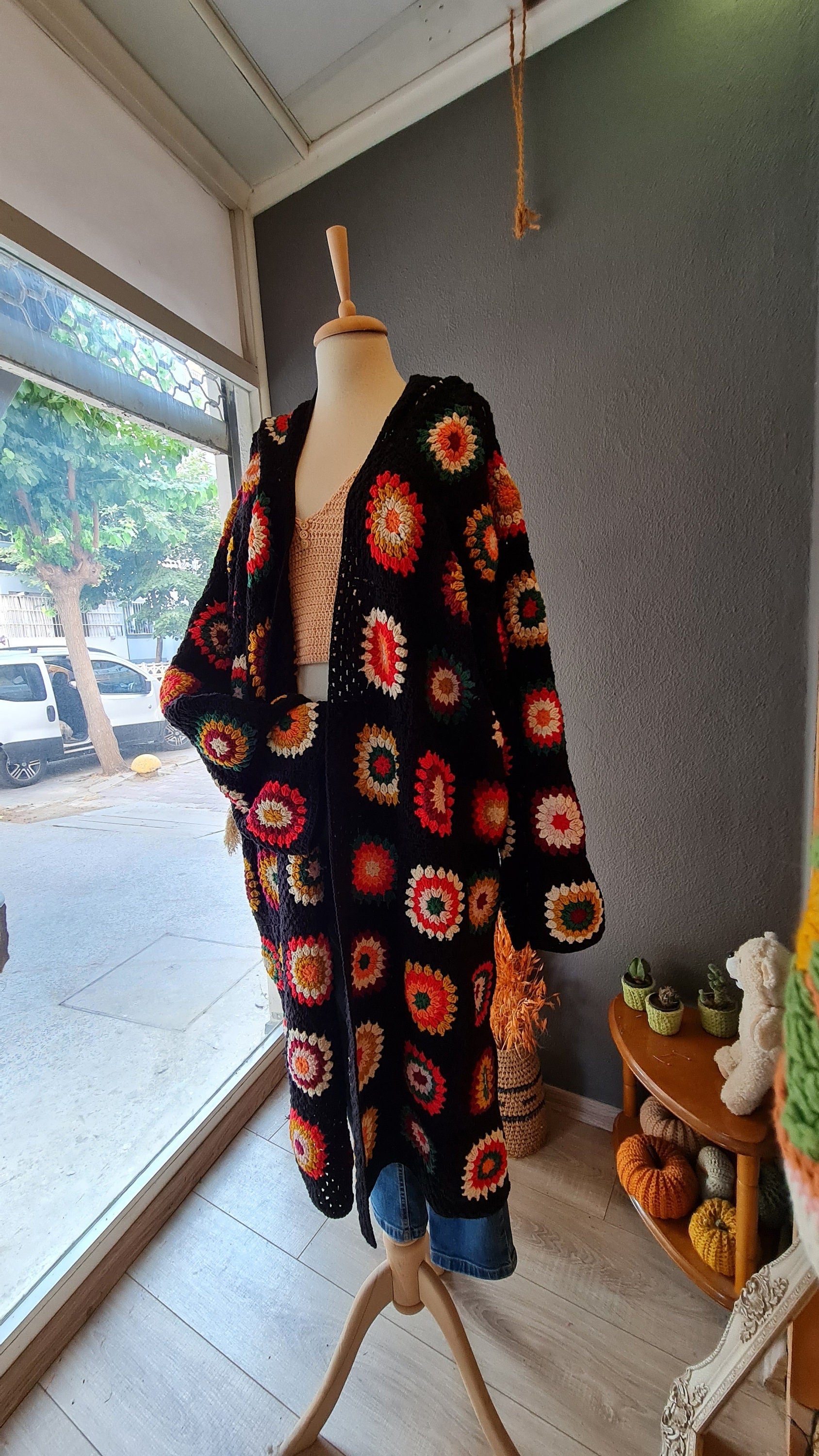 Handmade Granny Square Crochet Cardigan: Alpaca Blend Boho Coat