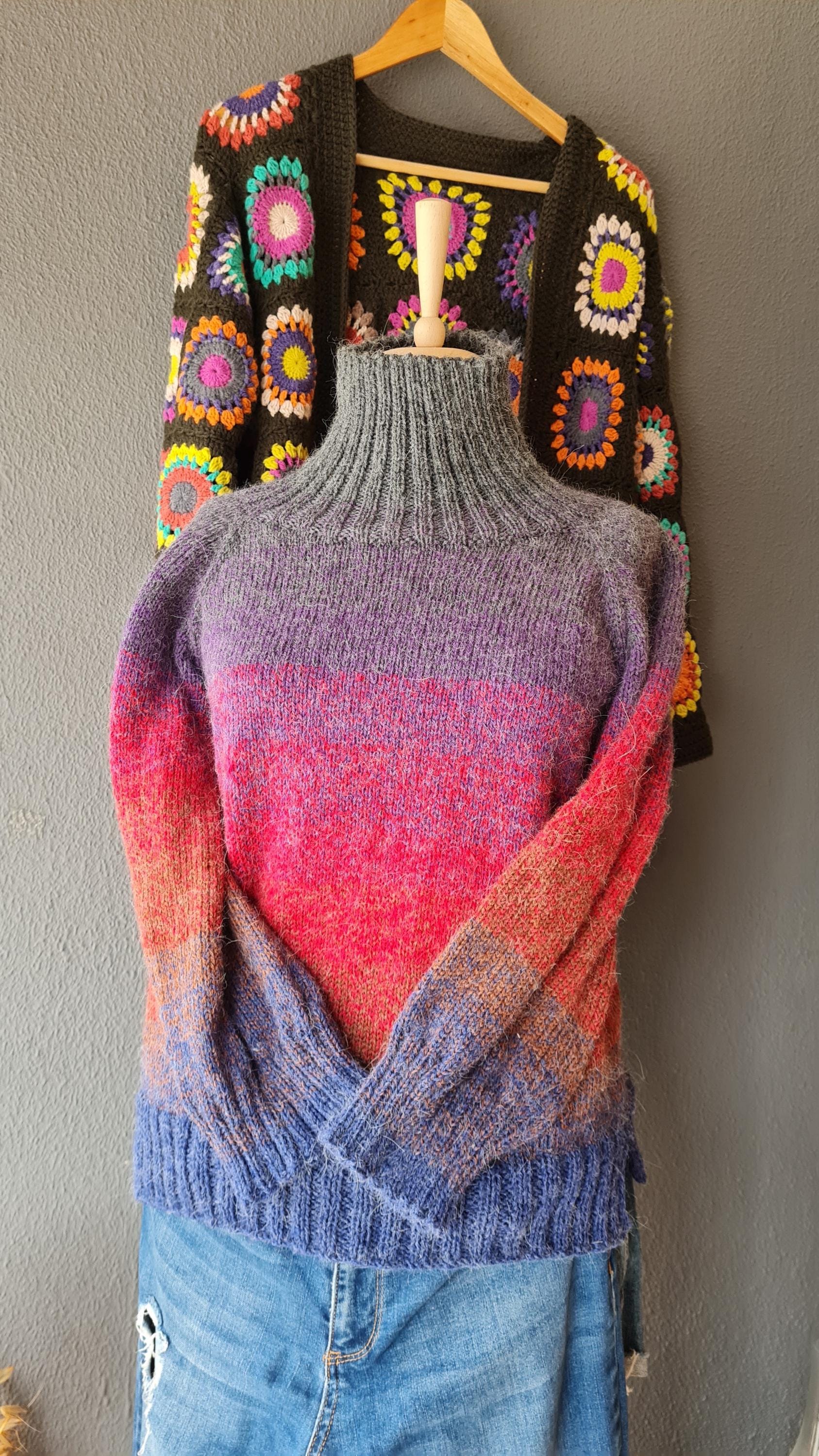 Hand Knitted Woman Sweater, Free Tax Delivery , Alpaca Wool Pullover, Gradient Color Winter Top