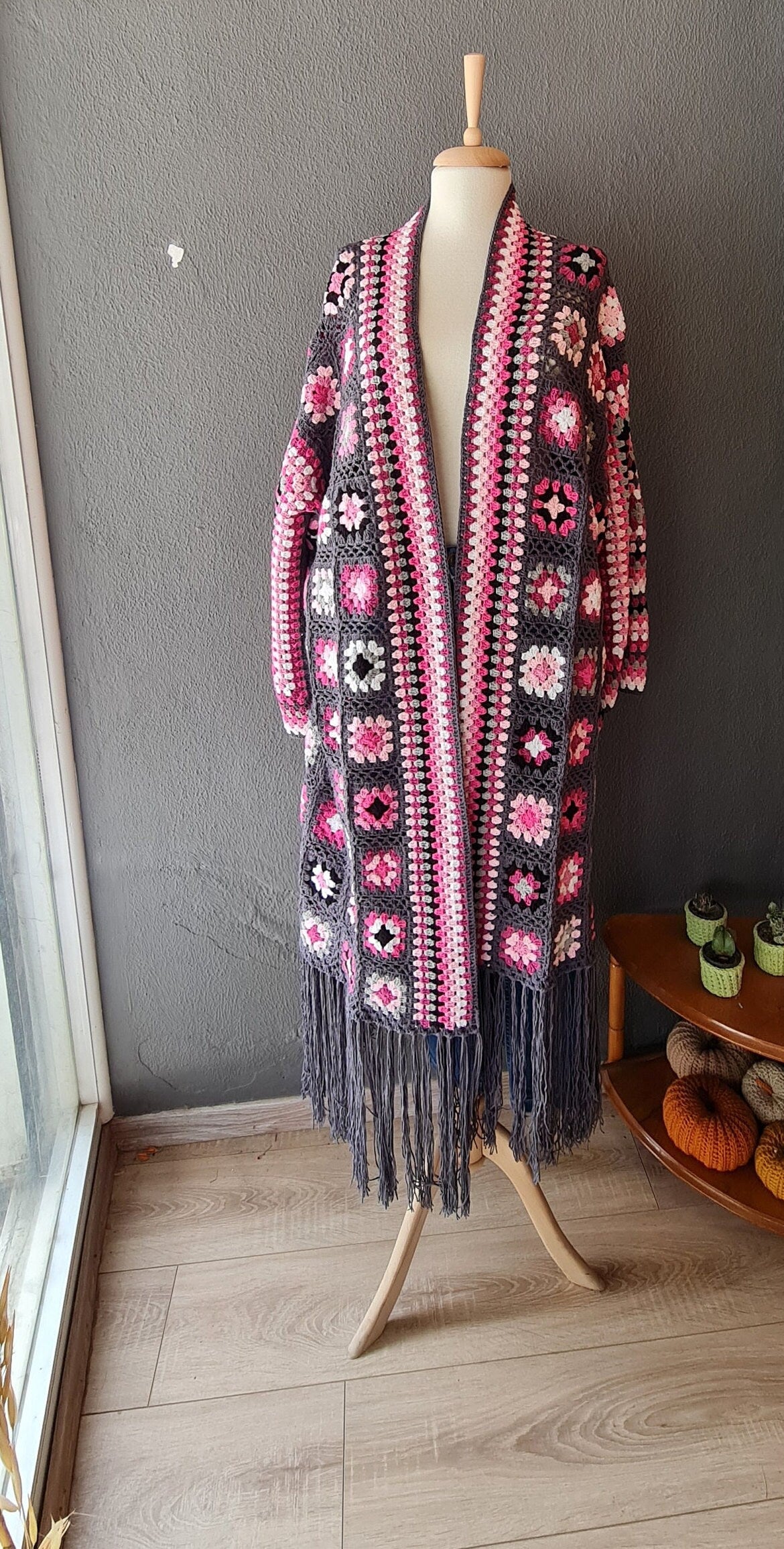 Granny Square Crochet Cardigan: Fringed Open Front Coat, Pink Purple Grey