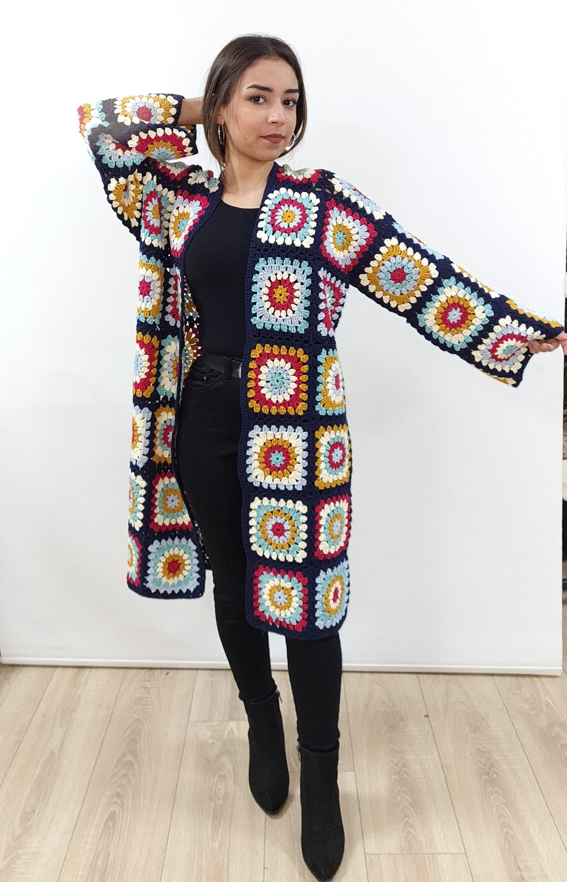 Tax Free Crochet Cardigan, Patchwork Spring Sweater, Long  Crochet Coat