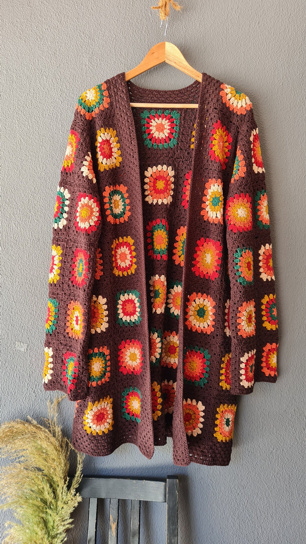 Handmade Granny Square Crochet Cardigan: Brown Patchwork Afghan Coat