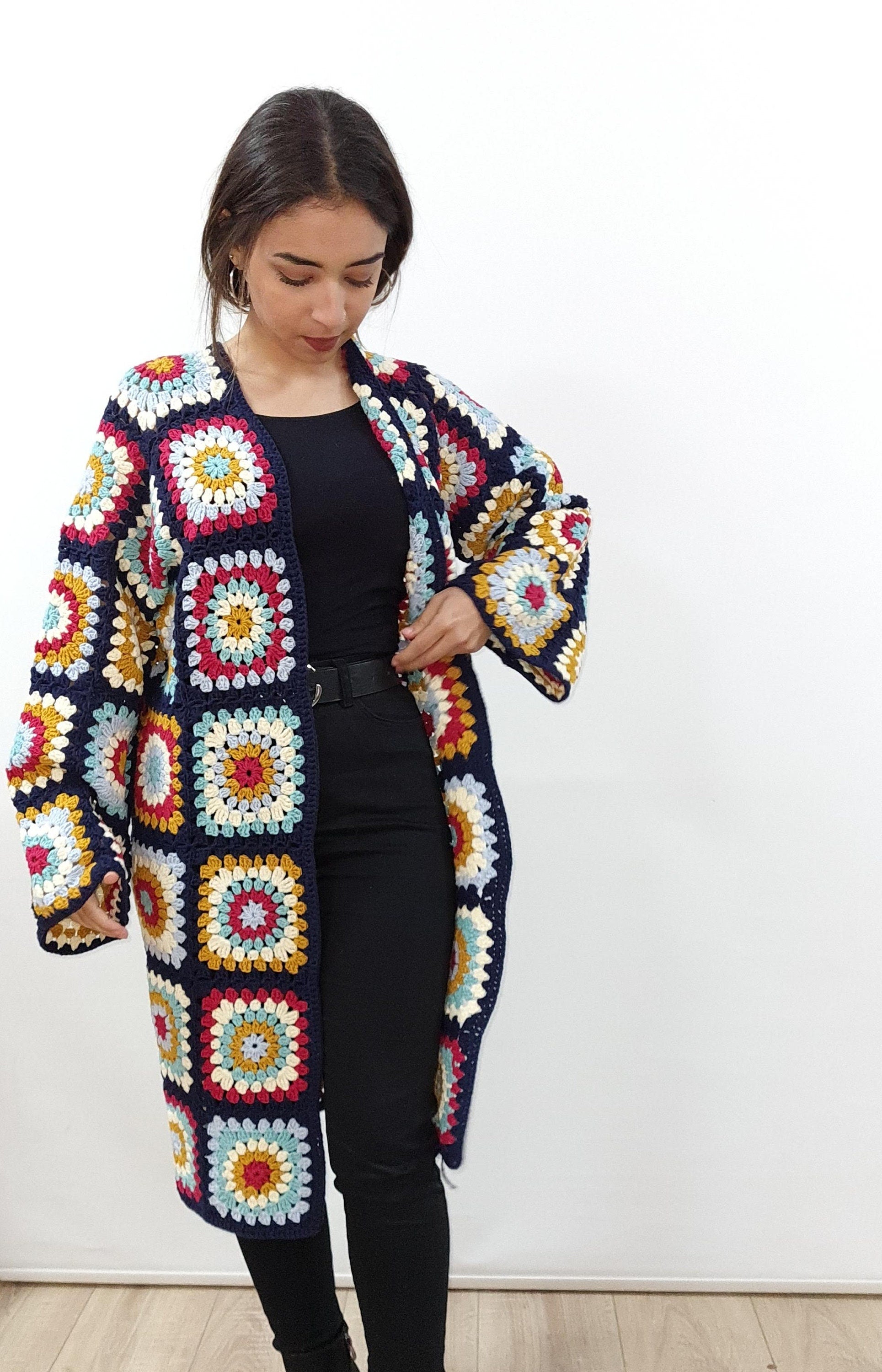 Tax Free Crochet Cardigan, Patchwork Spring Sweater, Long  Crochet Coat