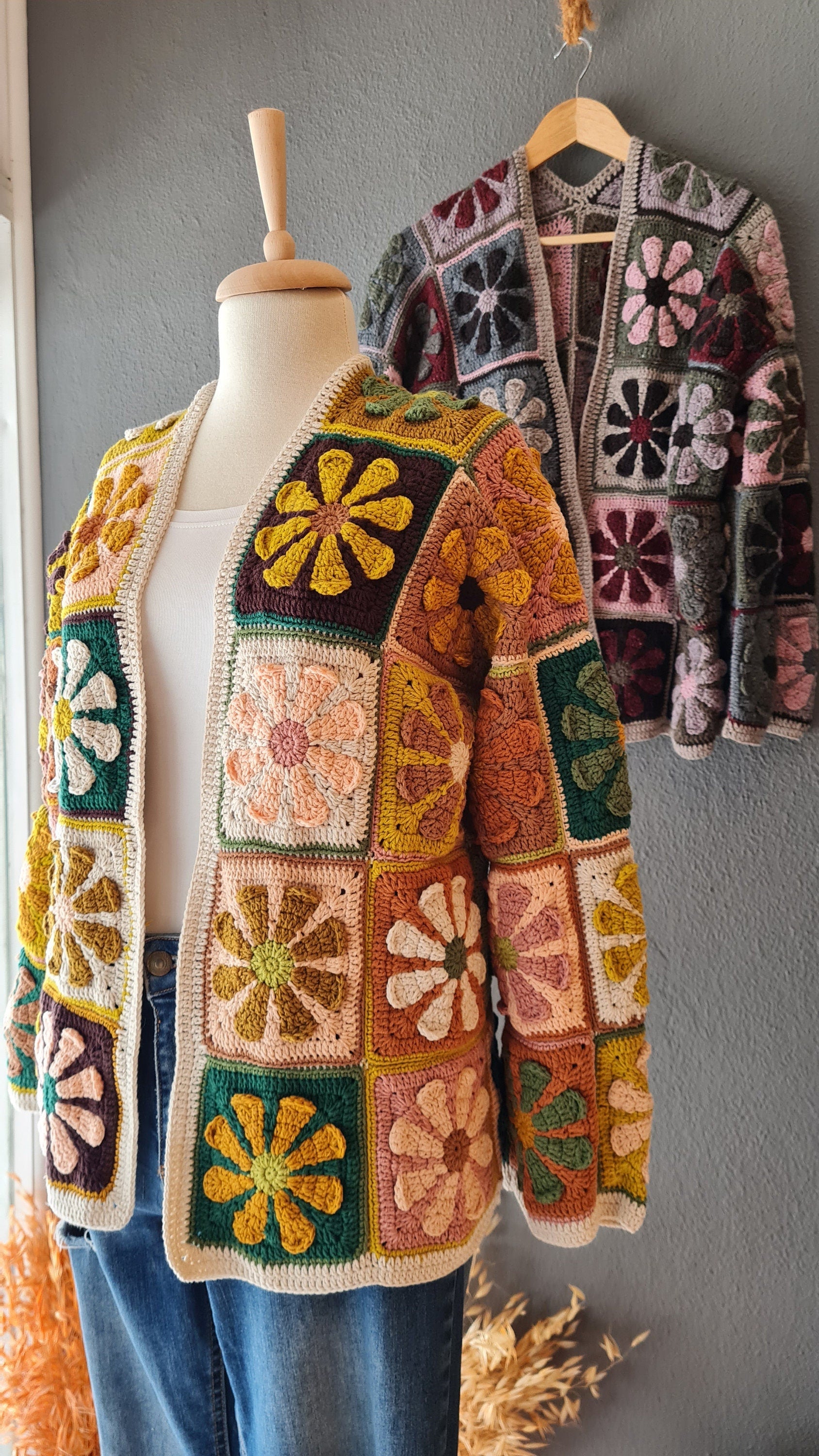 Daisy Flower Crochet Cardigan, Cropped Cardigan, Tax Free Floral  Sweater, Brown Patchwork Vest