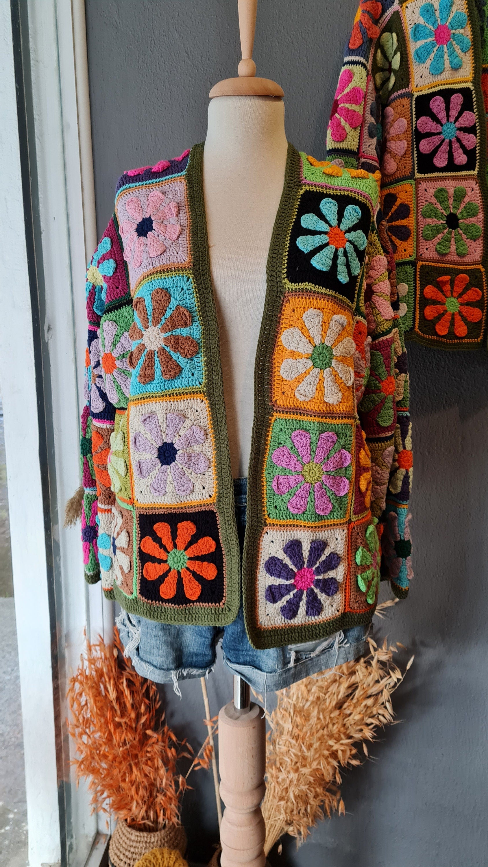 Flower Crochet Cardigan: Colorful Granny Square Knit Jacket