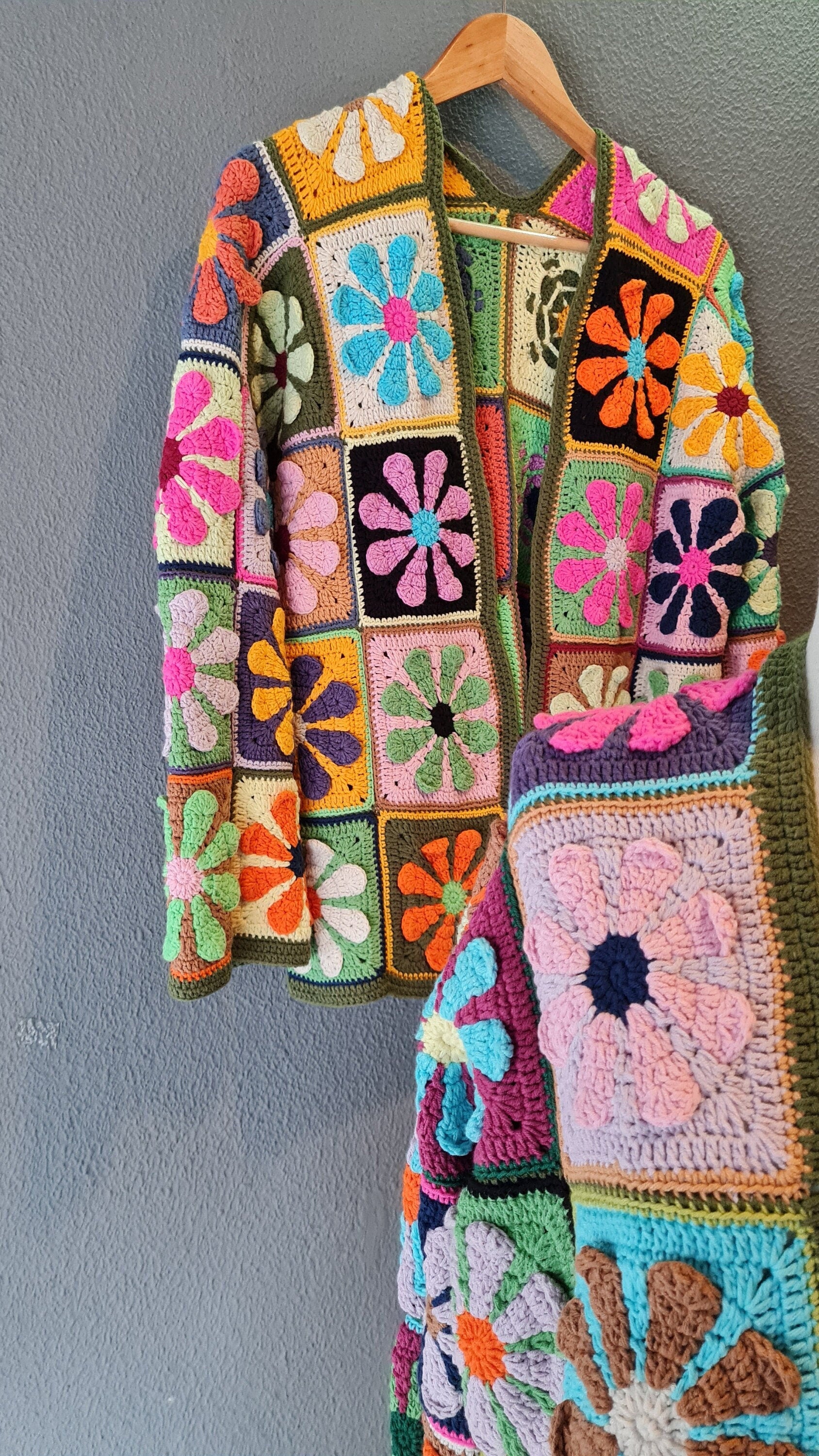 Floral Crochet Sweater, Afghan Cardigan, Tax Free Colorful Flower Jacket, 3D Flower Design