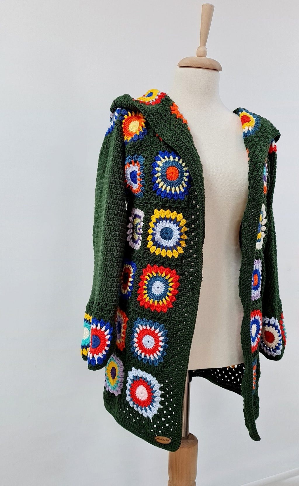 Handmade Crochet Hooded Cardigan: Green Granny Square Sweater