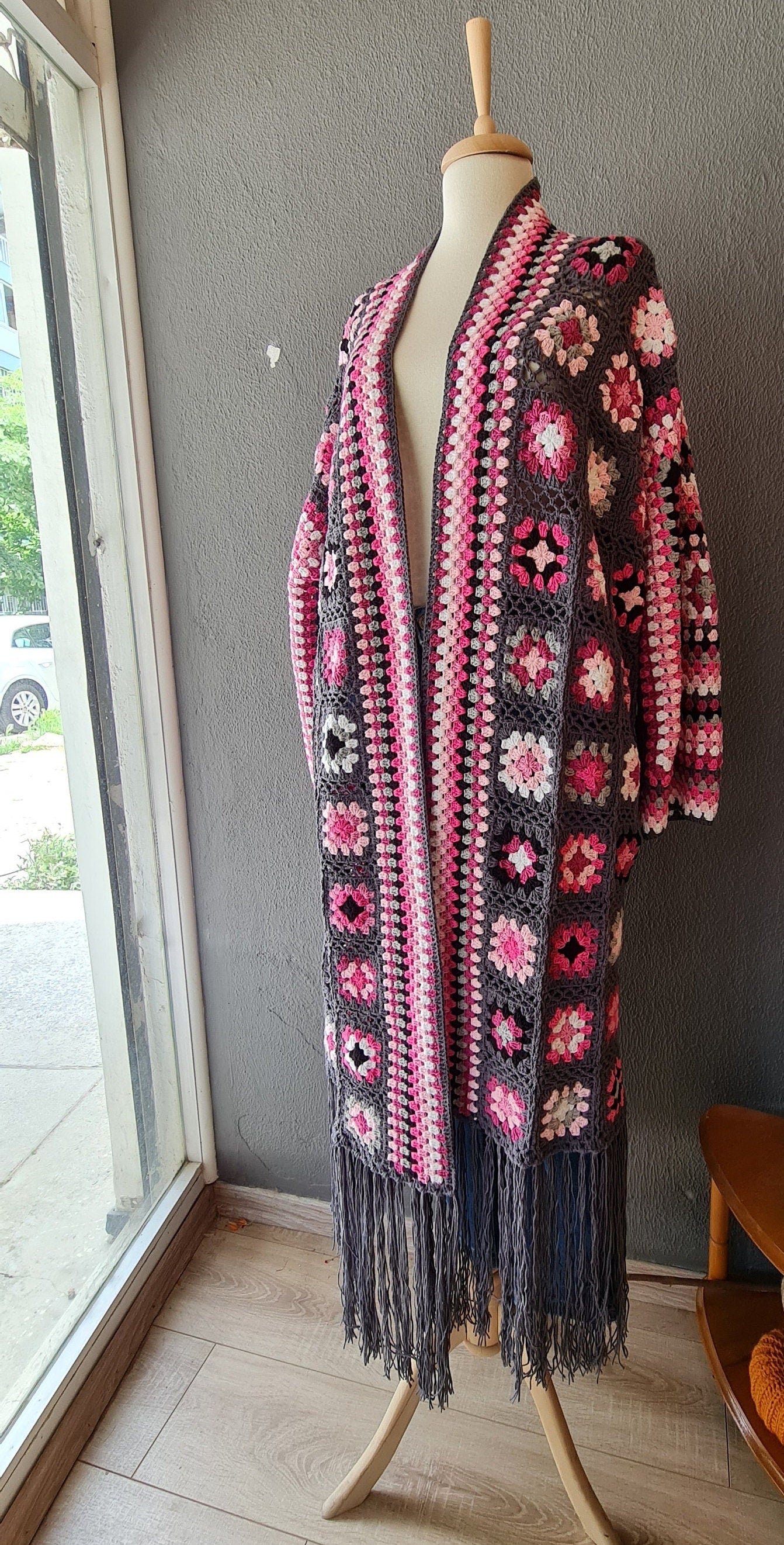 Granny Square Crochet Cardigan: Fringed Open Front Coat, Pink Purple Grey