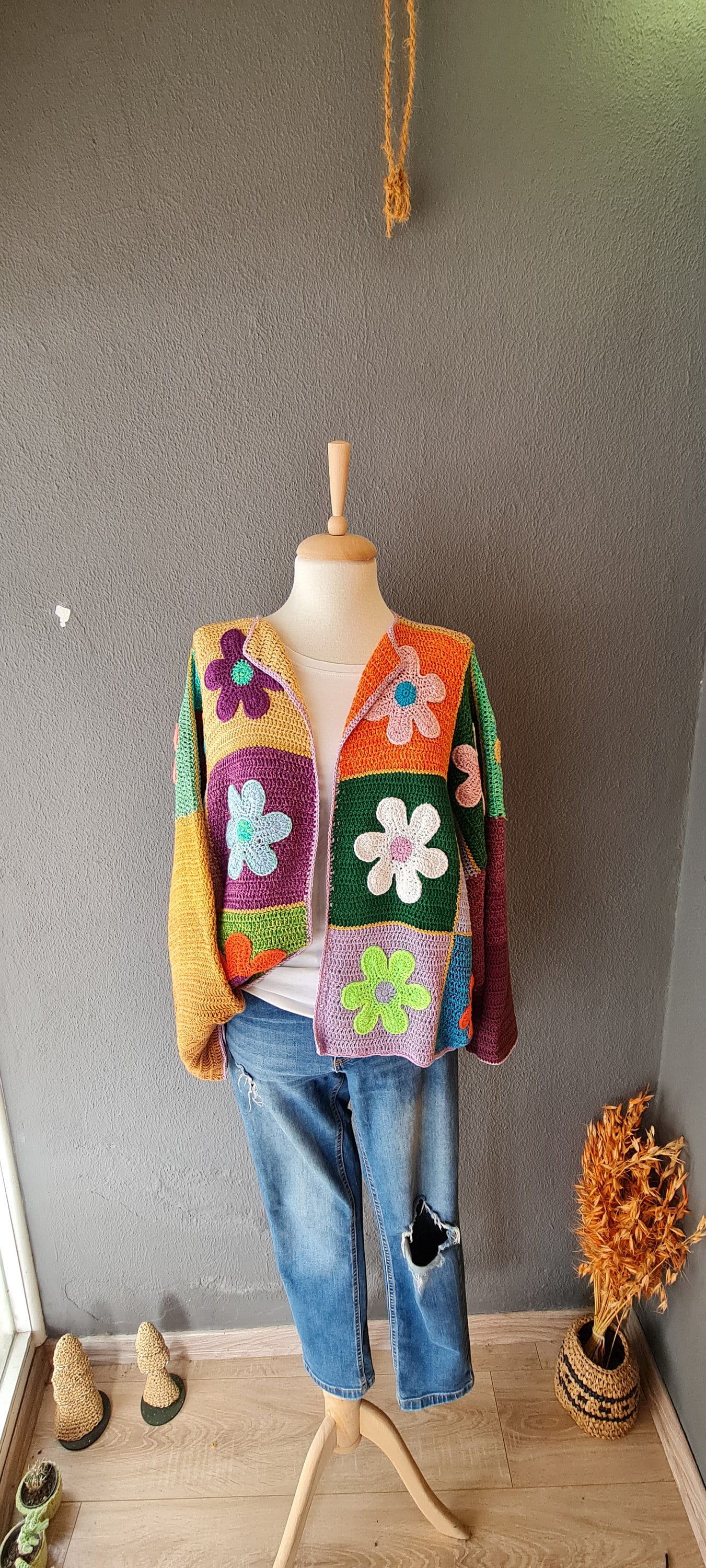 Daisy Crochet Cardigan: Organic Cotton Flower Patchwork Kimono