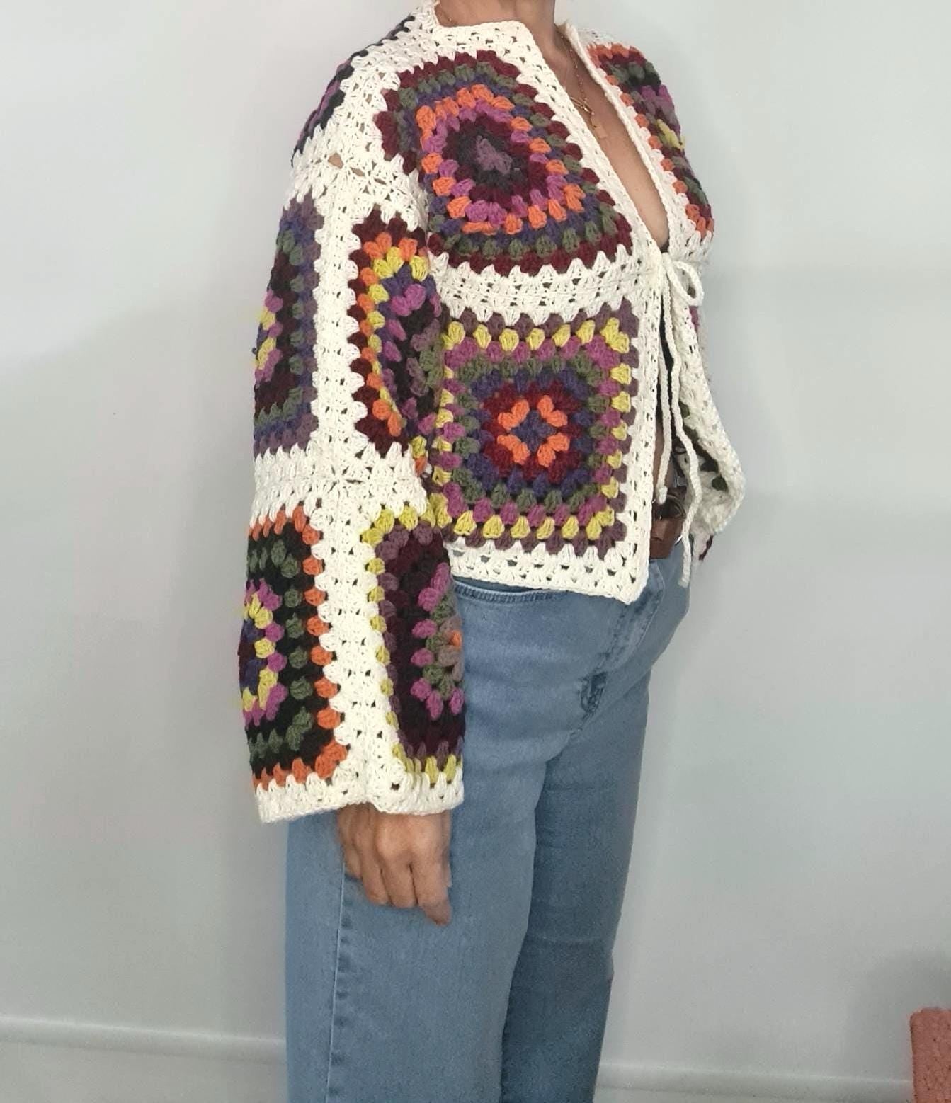 Crochet Granny Square Cardigan: Multicolor Boho Festival Jacket