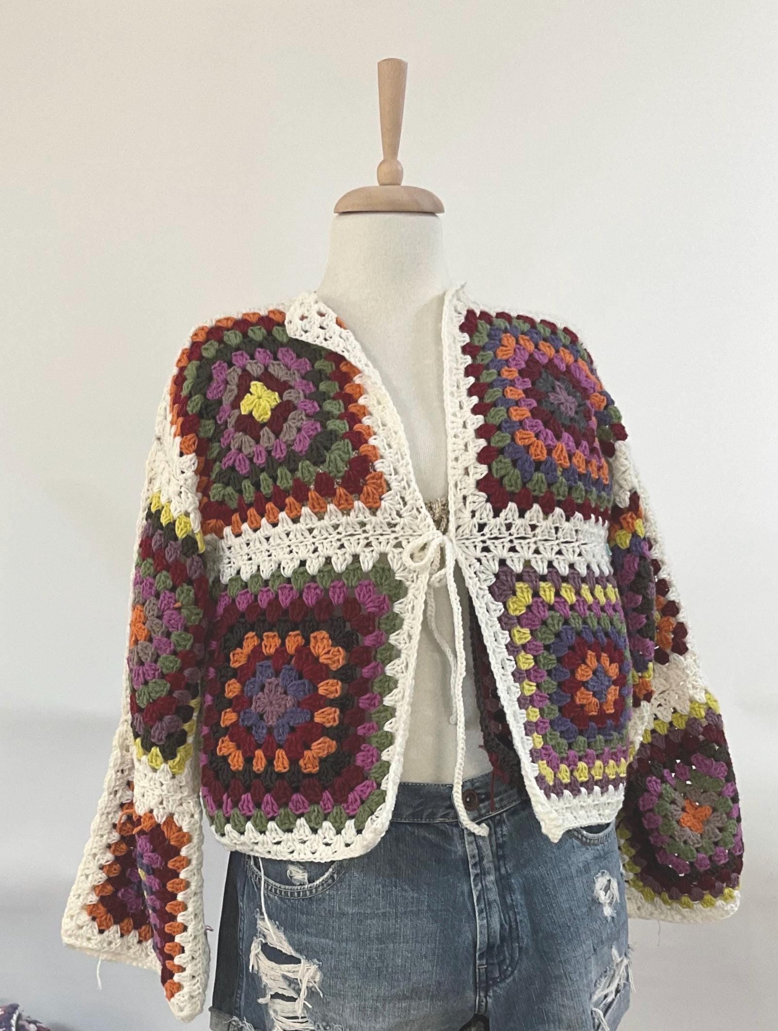 Crochet Granny Square Cardigan: Multicolor Boho Festival Jacket