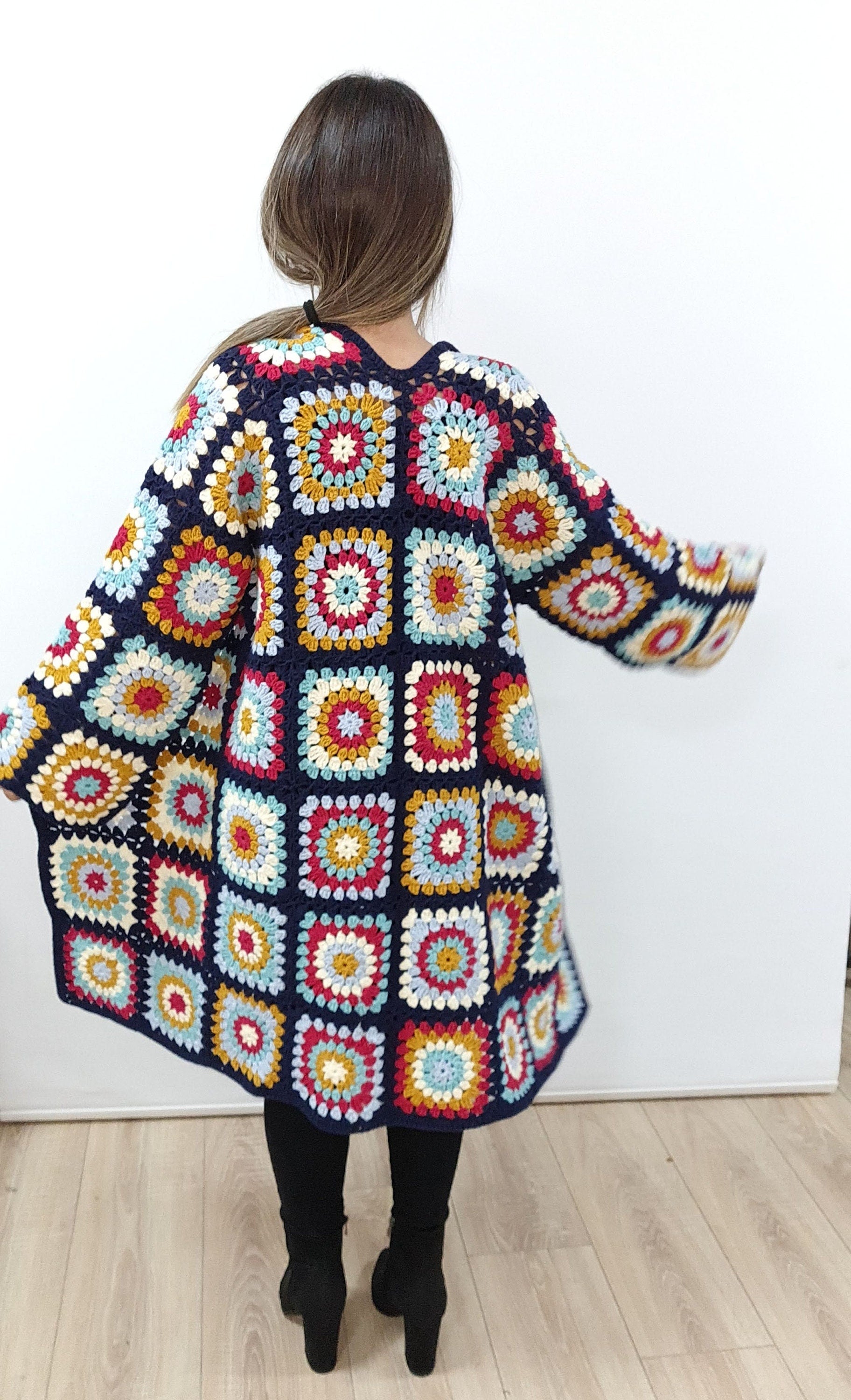 Tax Free Crochet Cardigan, Patchwork Spring Sweater, Long  Crochet Coat