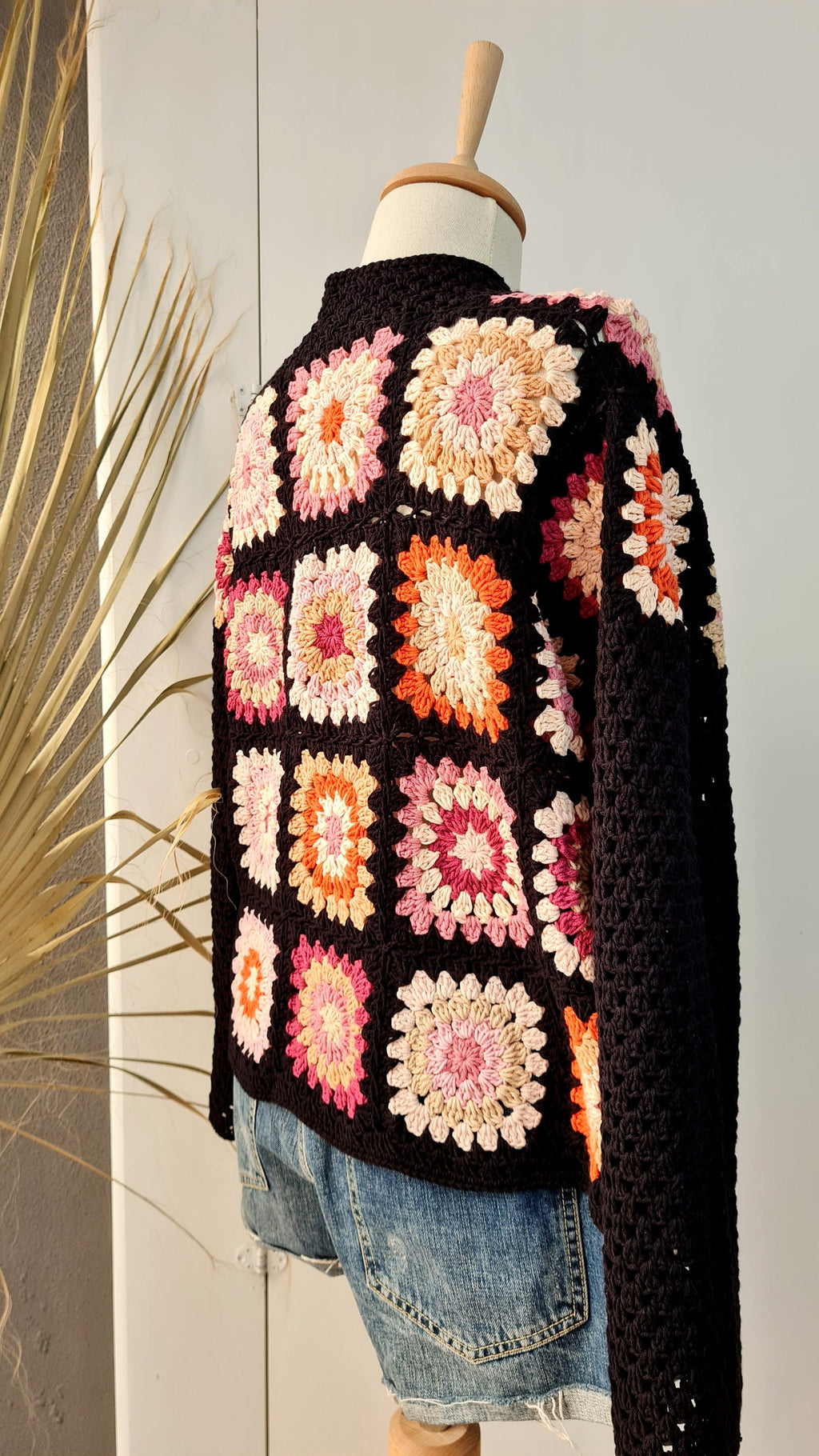 Black Crochet Granny Square Cardigan: Handmade Open Front Sweater