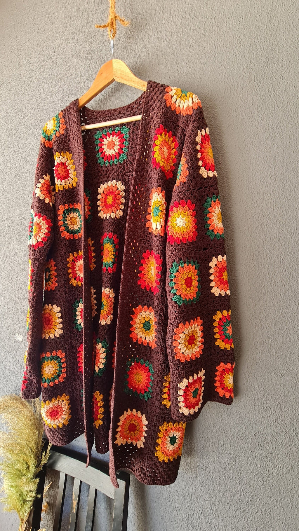 Handmade Granny Square Crochet Cardigan: Brown Patchwork Afghan Coat