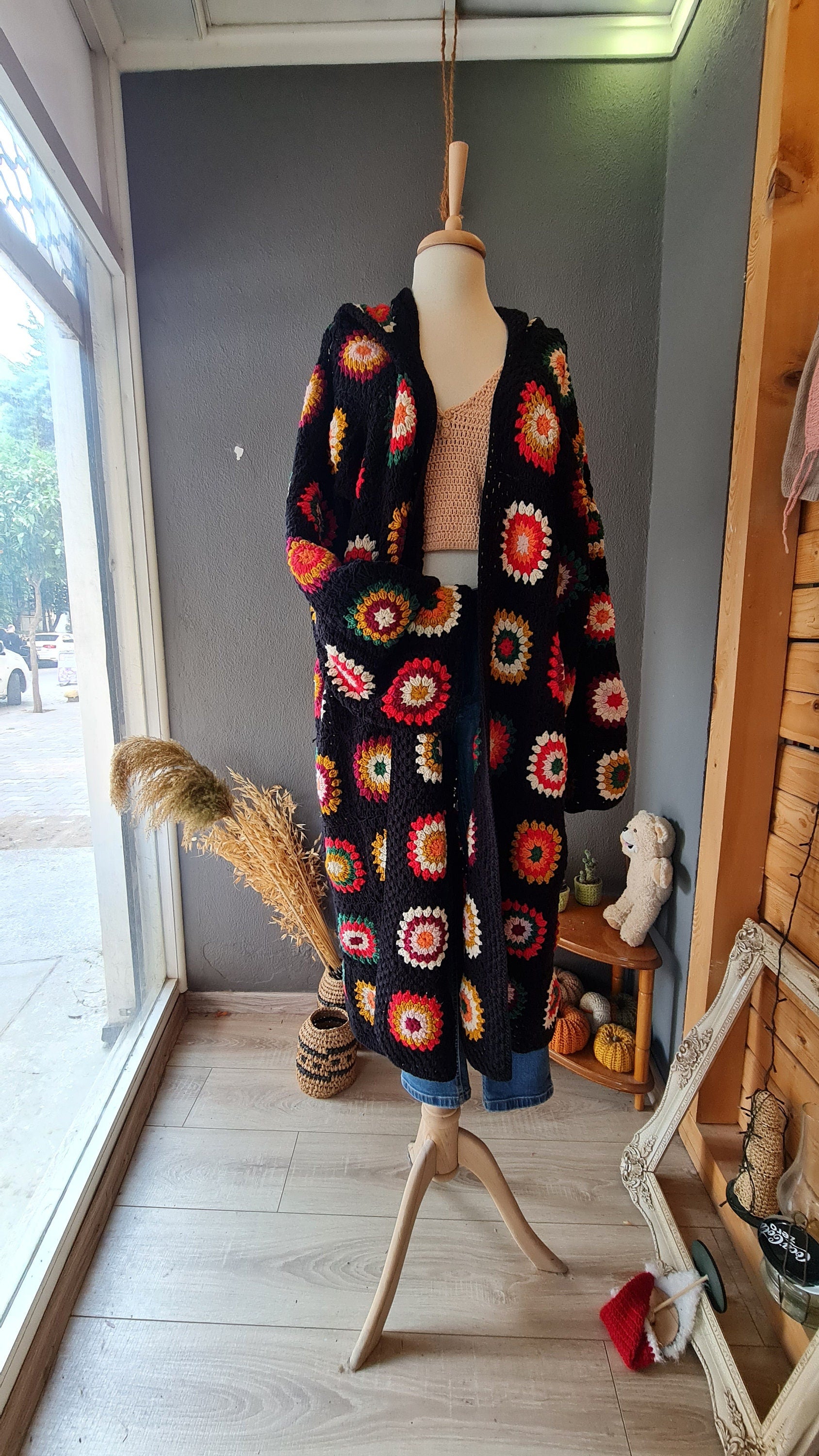 Handmade Granny Square Crochet Cardigan: Alpaca Blend Boho Coat