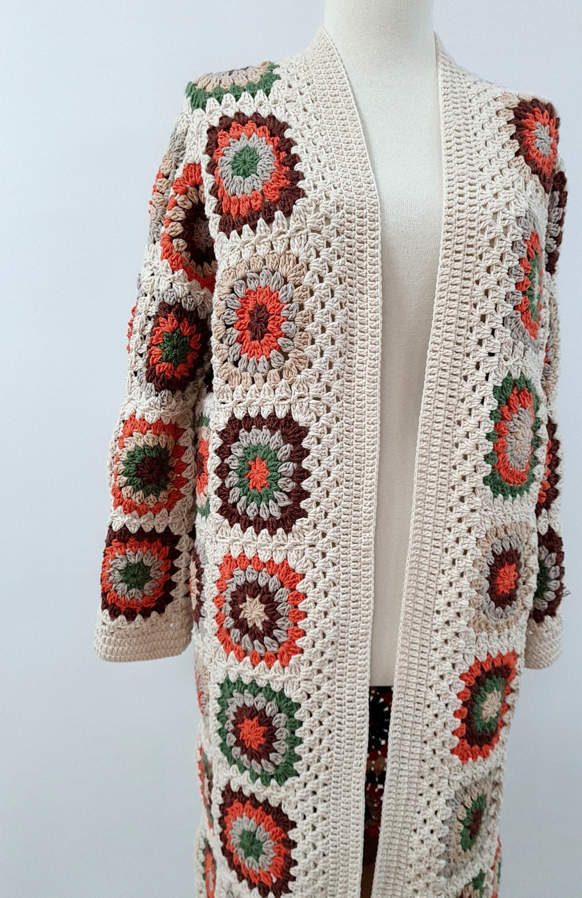 Handmade Crochet Granny Square Cardigan: Boho Patchwork Knit Coat