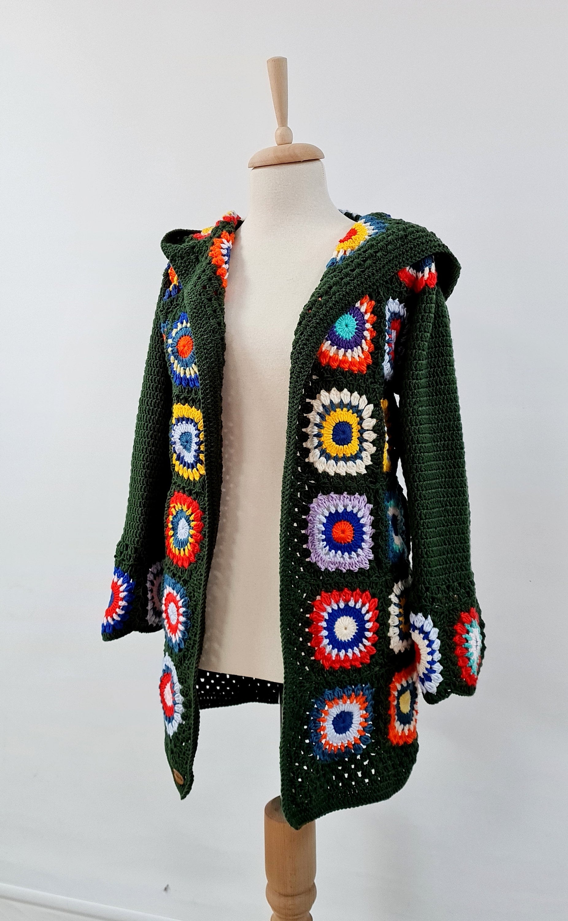 Handmade Crochet Hooded Cardigan: Green Granny Square Sweater