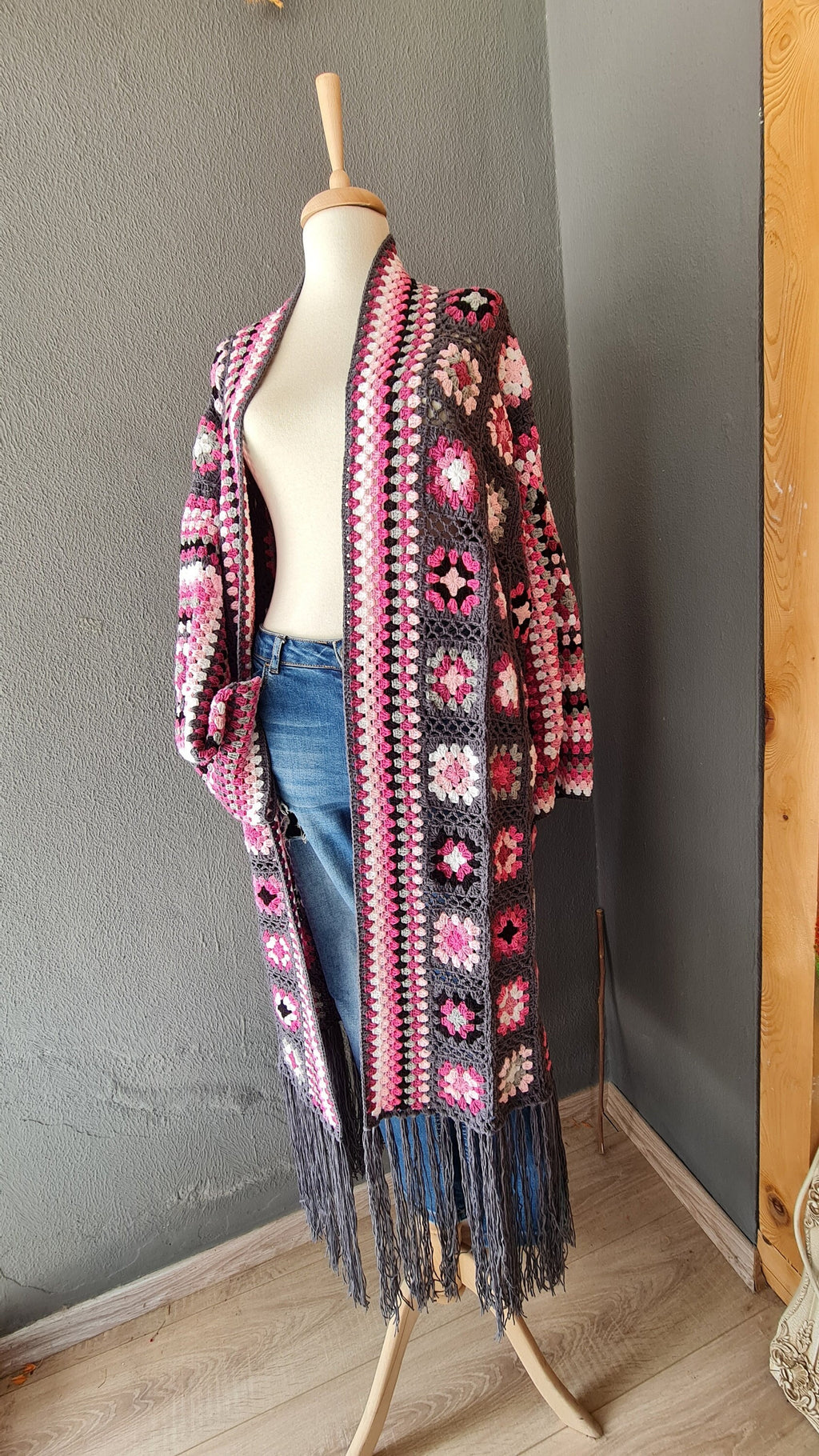 Granny Square Crochet Cardigan: Fringed Open Front Coat, Pink Purple Grey