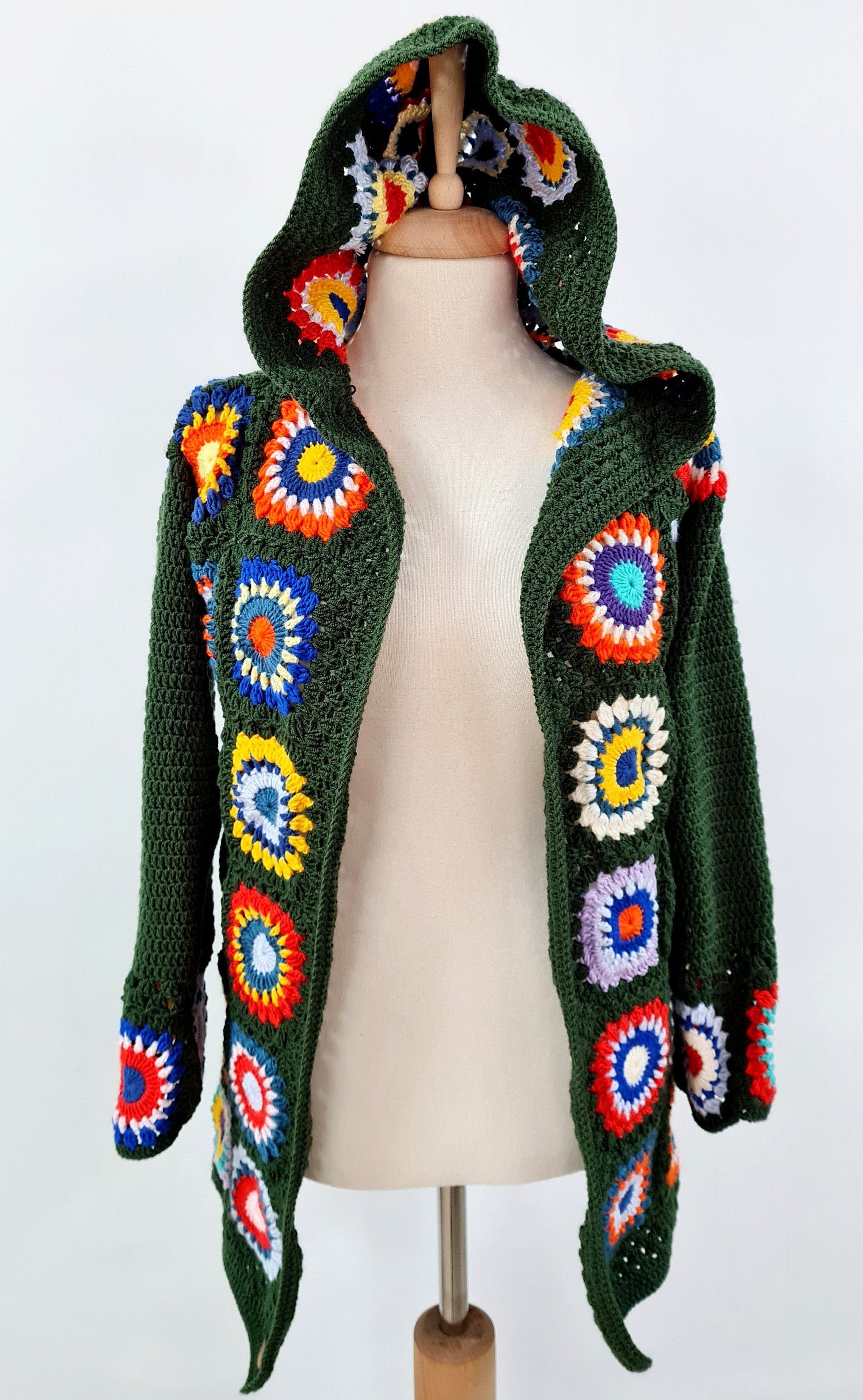 Handmade Crochet Hooded Cardigan: Green Granny Square Sweater