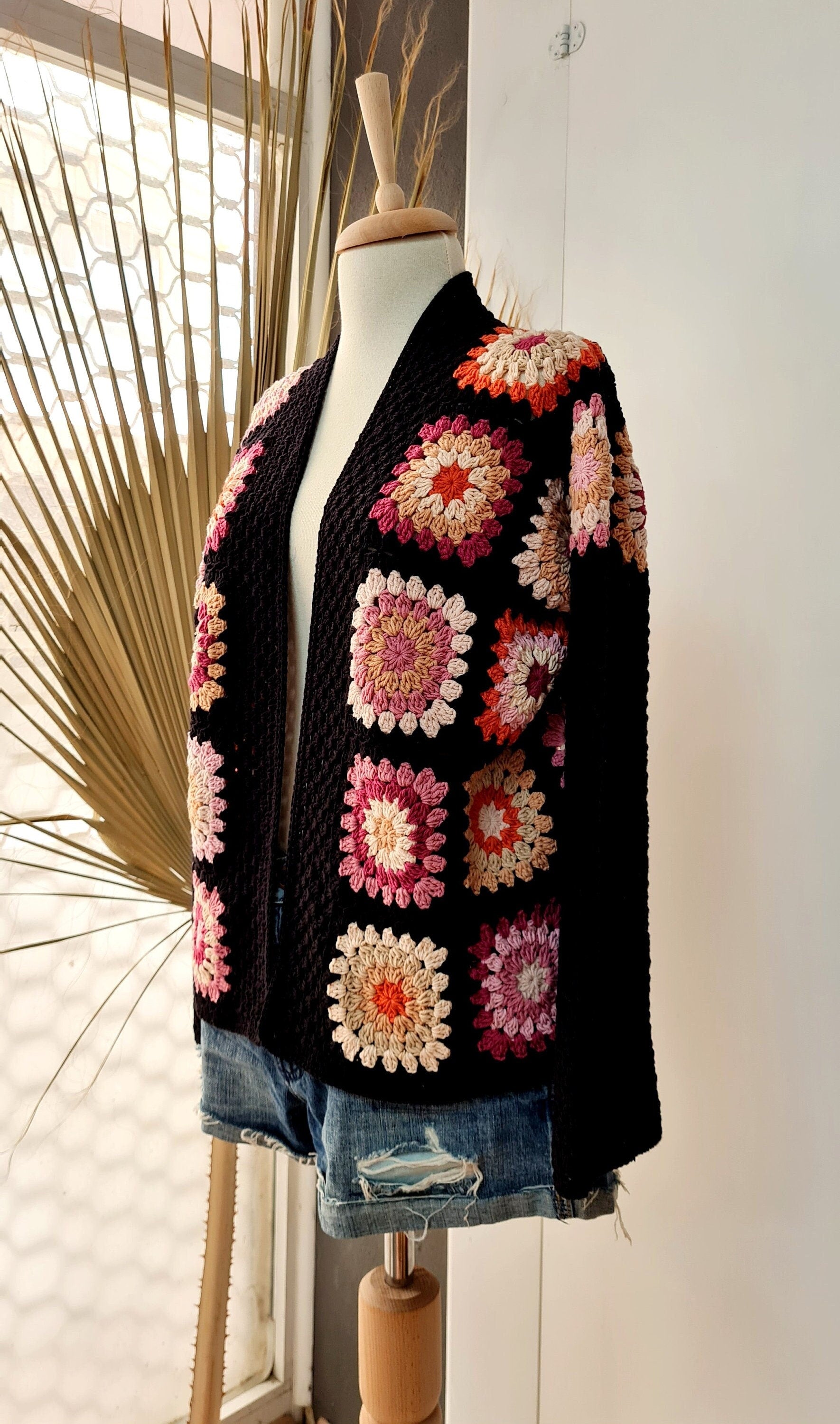 Black Crochet Granny Square Cardigan: Handmade Open Front Sweater