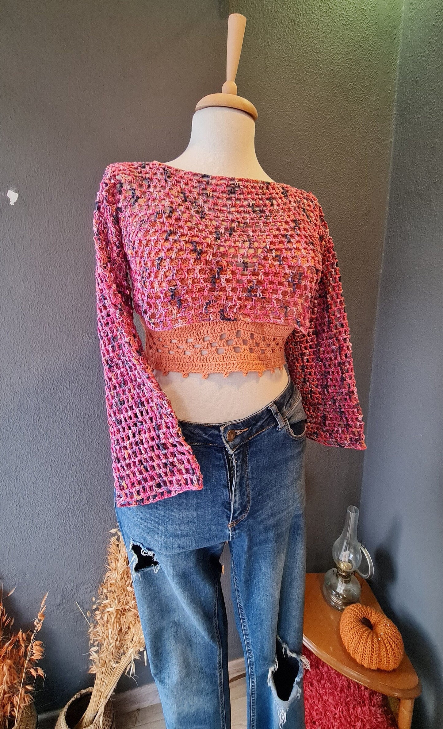 Crochet Mesh Crop Top Pattern, Long Sleeve Crochet Sweater,  Cute Mesh Top