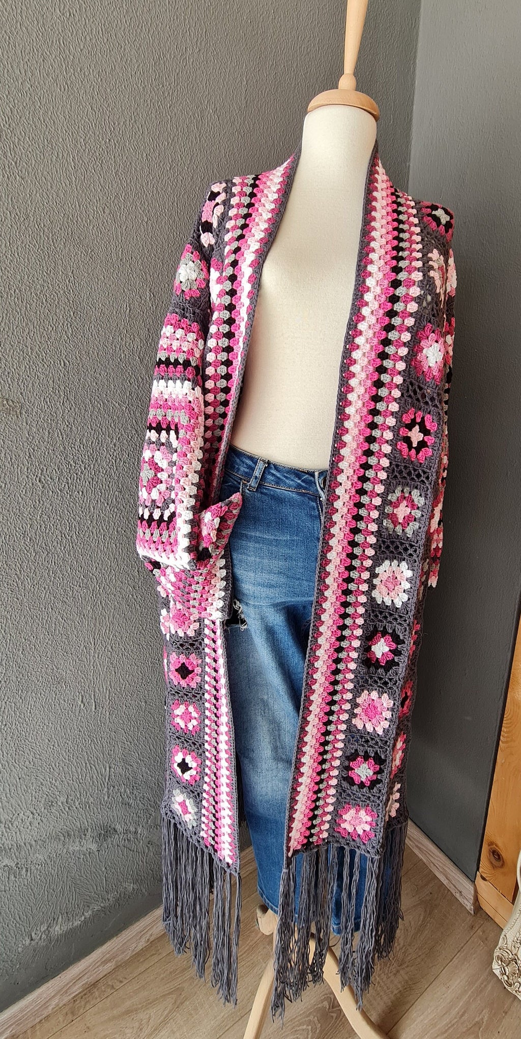 Granny Square Crochet Cardigan: Fringed Open Front Coat, Pink Purple Grey