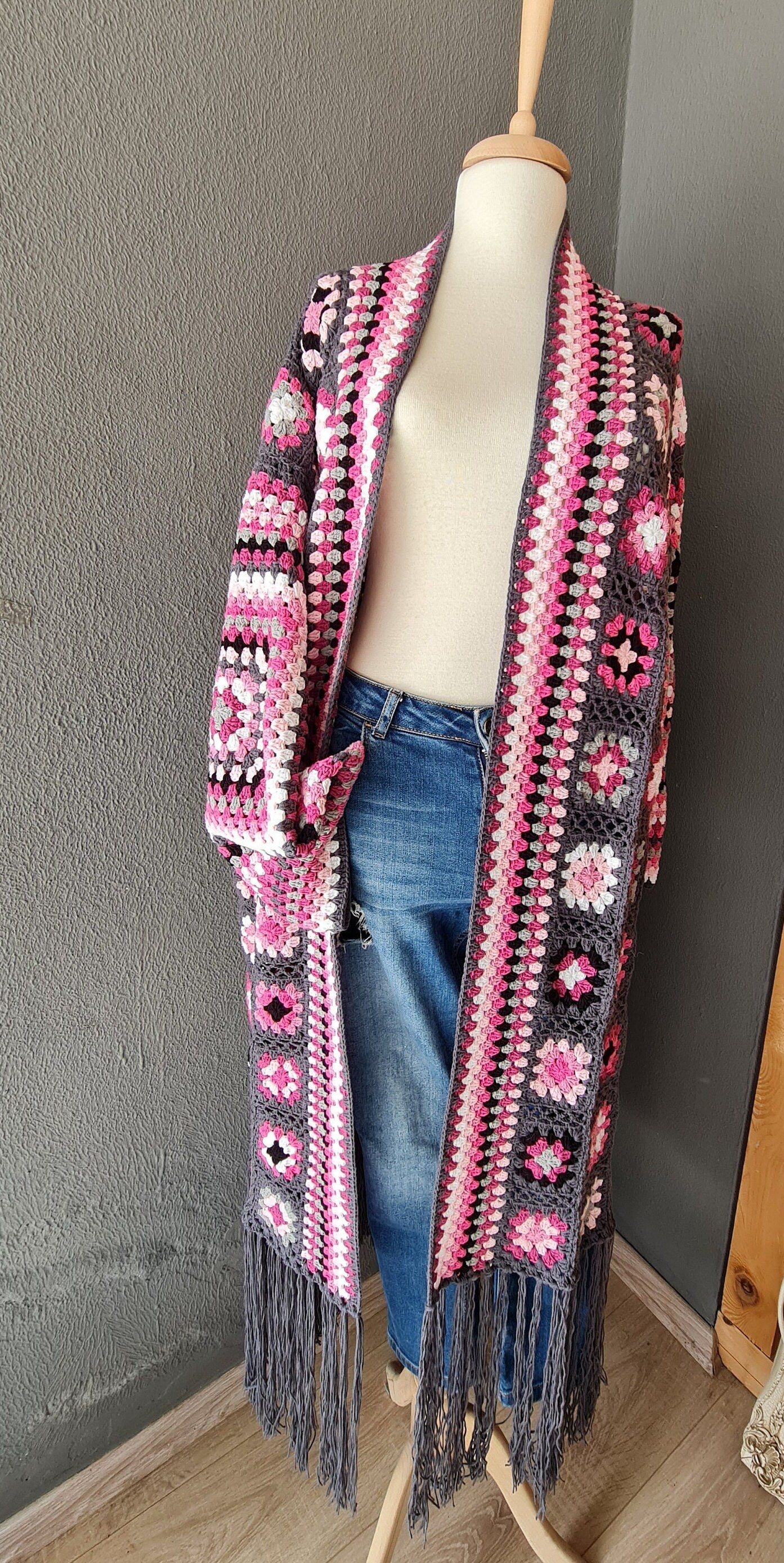 Granny Square Crochet Cardigan: Fringed Open Front Coat, Pink Purple Grey