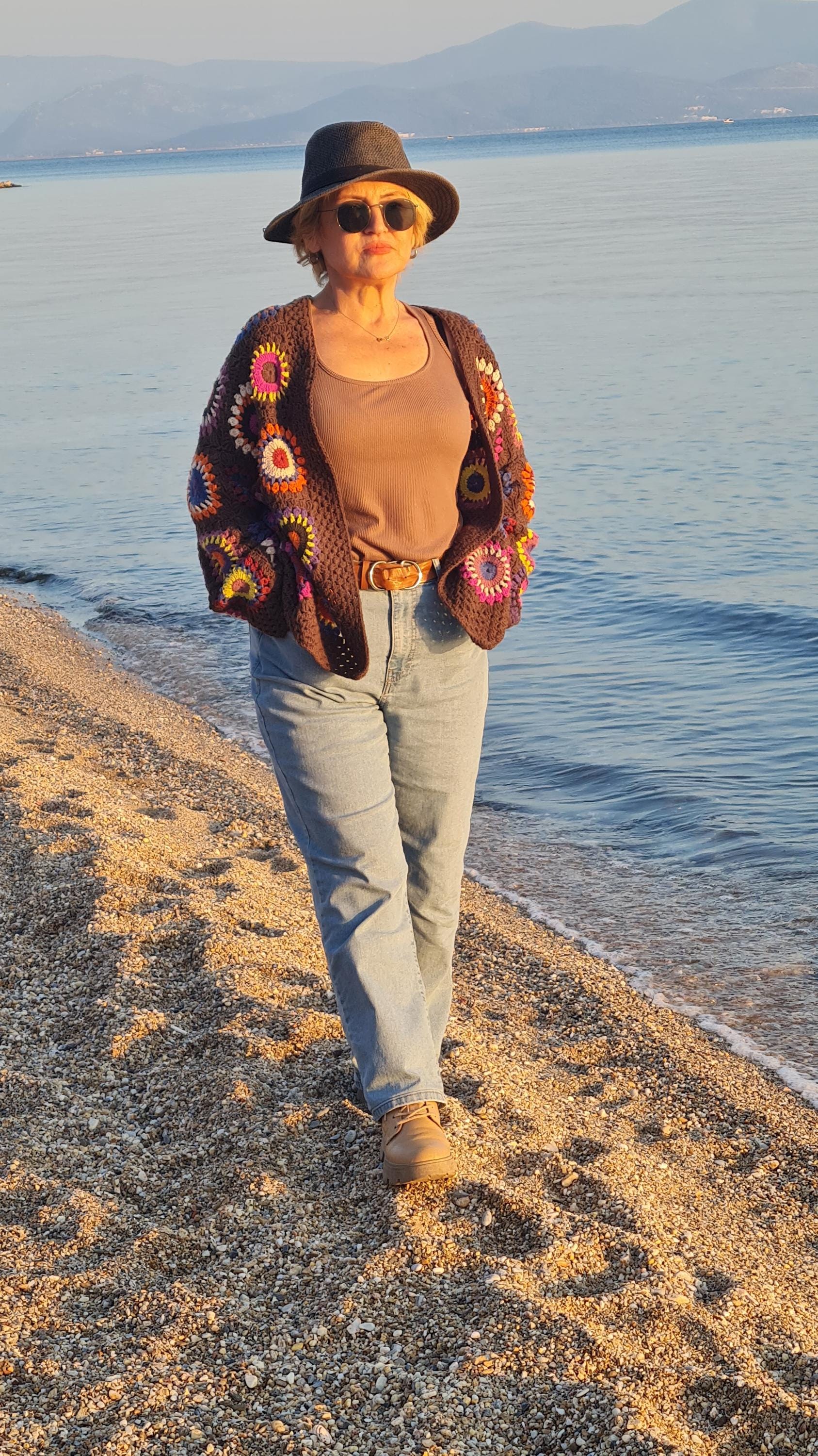 Handmade Granny Square Crochet Cardigan: Brown Merino Wool, Boho Chic